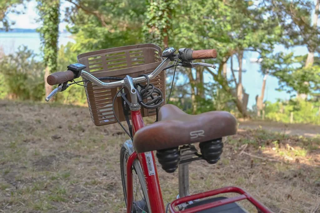 Guidon et selle en cuir d'un vélo face à la mer, balade sur l'Île aux Moines