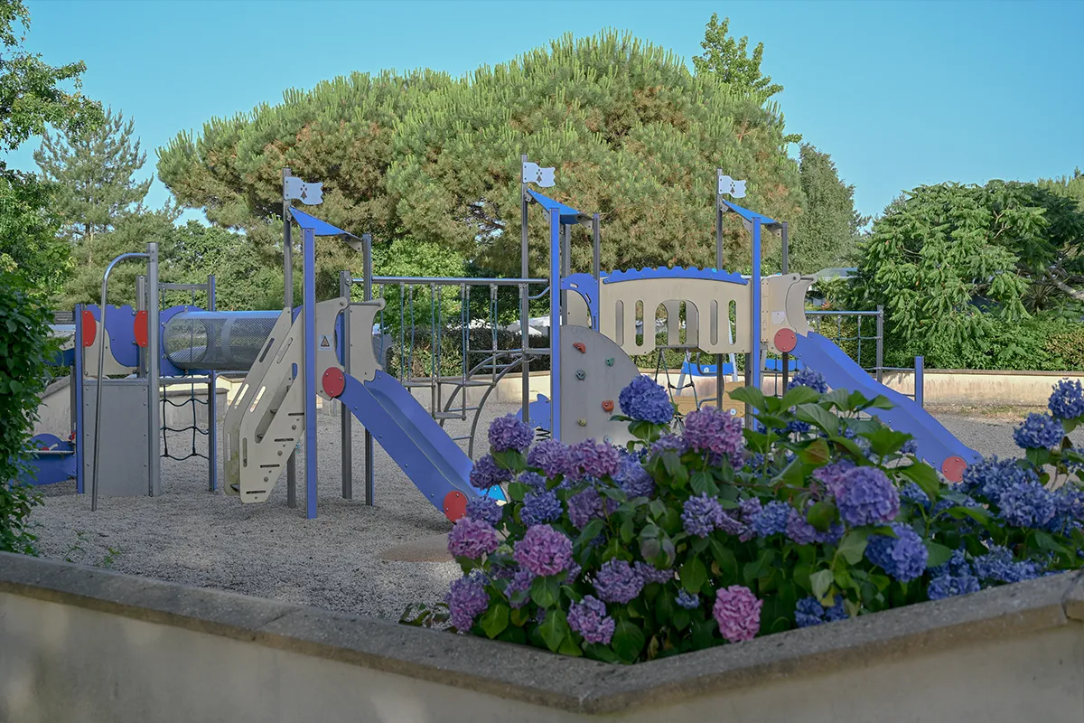 Toboggans et structures d'escalade derrière un massif d'hortensias en fleurs